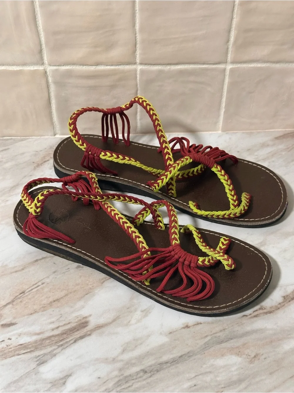 Island Toes Yellow and red braided sandals with yellow and red woven straps- 9